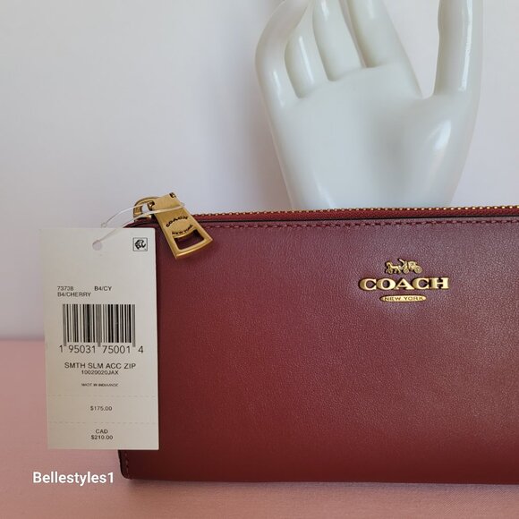 COACH Slim Accordion Smooth Calf Leather Zip-Around Wallet- Cherry color - Picture 16 of 16